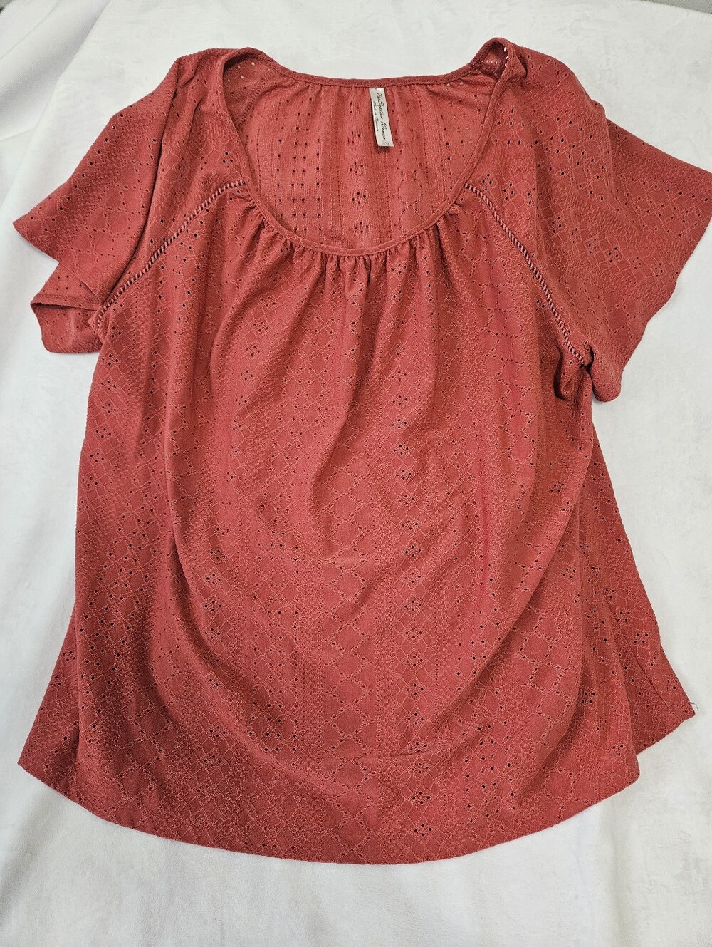 Perseption Rust Red Eyelet Short Sleeve Scoop Neck Top